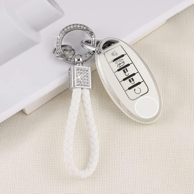 PIFOOG Car Key Cover for Nissan 5 Buttons Keys Fob Case TPU Bling Keychain for Nissan Altima Sentra Rogue Pathfinder Murano Armada Maxima Versa Girly Women White Silver