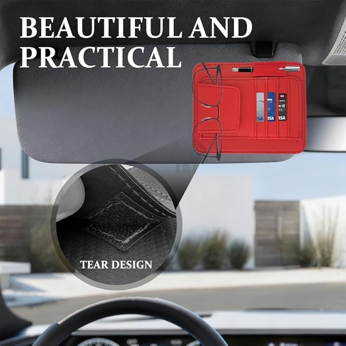 Small Leather Sun Visor Organizer, Visor Accessories, Multi-Pocket Sunvisor Storage with Sunglass Holder, Car Organizer for Drving License Card Pen Fits Most Vehicles (Red)