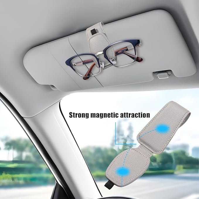 Zpana Sunglasses Holders for Car Sun Visor, Leather Magnetic Vehicle Sun Glasses Ticket Card Hanger Clip, Automotive Interior Eyeglass Mount Accessories, Universal for SUV Sedan Truck (Gray)