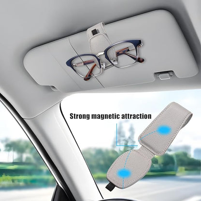 Zpana Sunglasses Holders for Car Sun Visor, Leather Magnetic Vehicle Sun Glasses Ticket Card Hanger Clip, Automotive Interior Eyeglass Mount Accessories, Universal for SUV Sedan Truck (Gray)