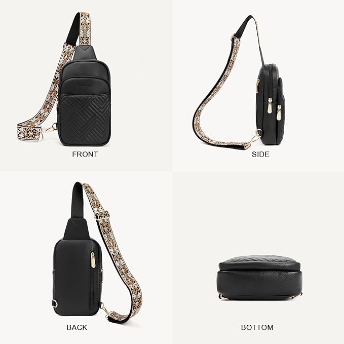 BOSTANTEN Sling Bag Quilted Crossbody Bags for Women Cross Body Purse Leather Fanny Pack with Adjustable Guitar Strap