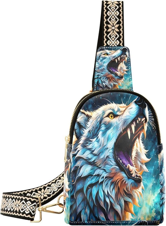 ZAZYXTJ Wolf Crossbody Sling Bag for Women Leather Small Chest Bag Adjustable Straps Daypack for Travel Sport Hiking