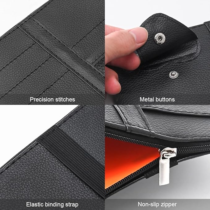 XINLIYA Car Sun Visor Organizer, Leather Storage Pocket Sun Visor Pouch with Zipper for Cards License Registration Pen Glasses Document, Fits Most Car SUV, Auto Interior Accessories (Red)