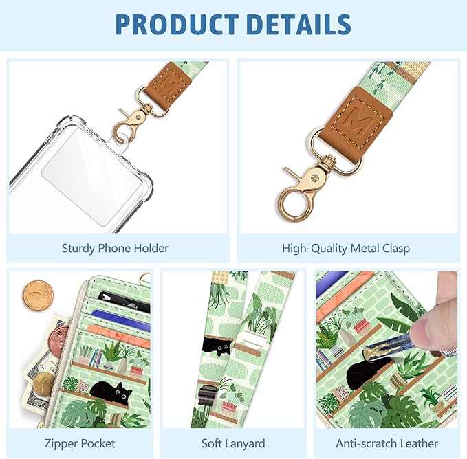 Cute Black Cat Lanyard Wallet with ID Badge Holder, Plant Shelf Small RFID Wallet Women Keychain Wristlet, Slim Credit Card Holder with Zipper Pocket Phone Lanyard Wrist Strap Name Tag Office Teacher