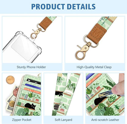 Cute Black Cat Lanyard Wallet with ID Badge Holder, Plant Shelf Small RFID Wallet Women Keychain Wristlet, Slim Credit Card Holder with Zipper Pocket Phone Lanyard Wrist Strap Name Tag Office Teacher