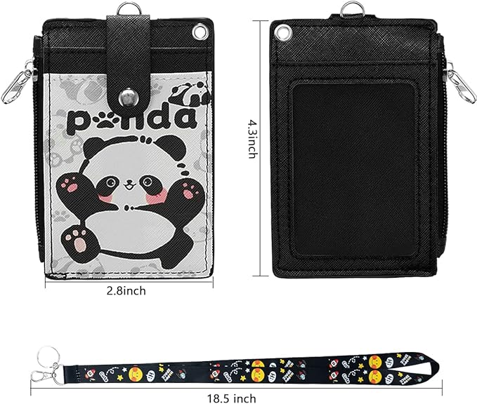 HASFINE ID Badge Holder with Lanyard,Cute Panda Work Badge with Zipper Pocket, 2-Sided Functional Card Wallet with 3 Card Slots and Detachable Keychain for Teacher Student Nurse Worker (Black)