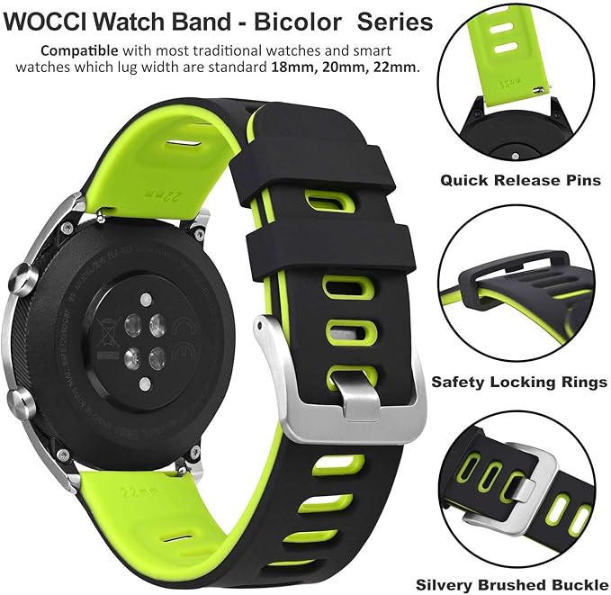 WOCCI 20mm Bicolor Watch Band, Silicone Rubber, Quick Release Replacement Strap for Men and Women, Silver Stainless Steel Buckle (Black-Spring Green)