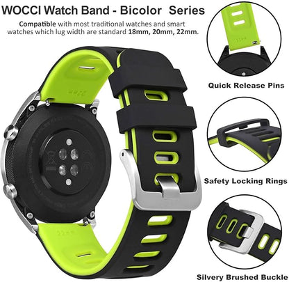 WOCCI 20mm Bicolor Watch Band, Silicone Rubber, Quick Release Replacement Strap for Men and Women, Silver Stainless Steel Buckle (Black-Spring Green)
