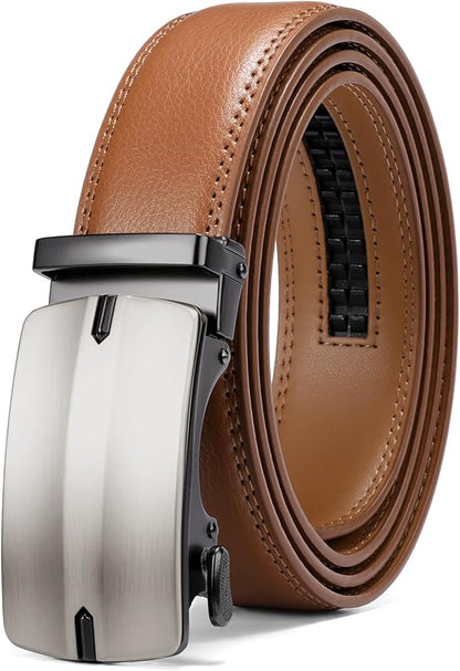 SENDEFN Men's Leather Belt Automatic Ratchet Buckle Slide Belt for Dress Casual Trim to Fit with Gift Box