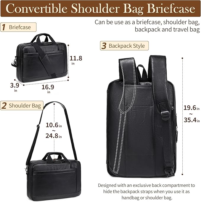 Faux Leather Messenger Bag for Men 17-17.3 Inch: Convertible 3 in 1 Backpack Laptop Briefcase Computer Handbags Shoulder CrossbodyBag with Padded for Work College Travel, PU Black