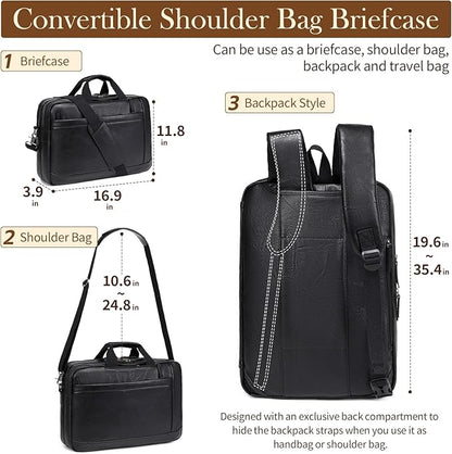 Faux Leather Messenger Bag for Men 17-17.3 Inch: Convertible 3 in 1 Backpack Laptop Briefcase Computer Handbags Shoulder CrossbodyBag with Padded for Work College Travel, PU Black