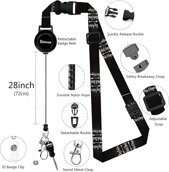 bolimoss ID Badge Holder with Lanyard, Pu Leather Breakaway Lanyards for Id Badges, Adjustable Landyards with Retractable Reel Clip with Quick Release Buckles,for Office Worker Nurse Teacher Student
