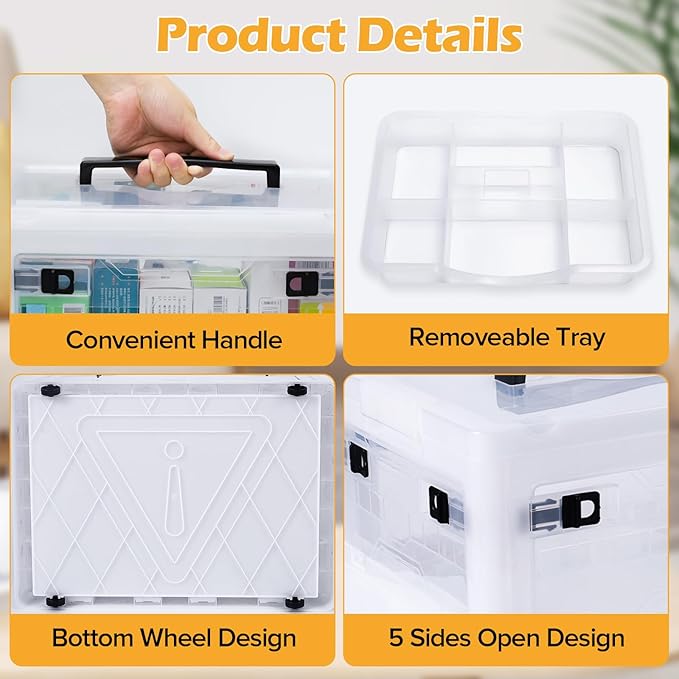 Gifhomfix Extra Large Medicine Storage Box with Handles, First Aid Box Clear Medical Supply Organizer with Removable Tray, Multipurpose Plastic Medicine Chest with Wheels