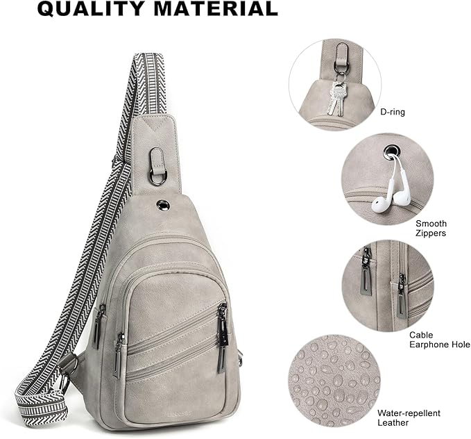 Leresas 7L Crossboydy Sling Bag for Women Vegan Leather Crossbody Purse Fanny Pack Chest Bag for Travel,Light Grey