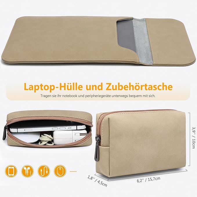 HYZUO 15-16 Inch Laptop Sleeve for MacBook Pro 16 M5/M4/M3/M2/M1 Pro/Max A3428 A3429 A3403 A3186 2026-2019, MacBook Pro 15 2015-2012, XPS 15, Faux Suede Leather Case with Accessory Bag, Khaki