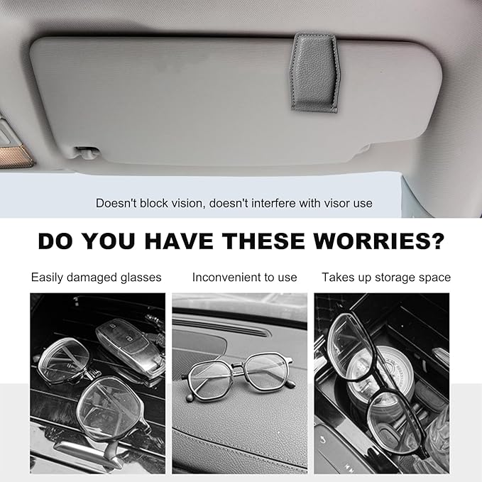 2PCS Sunglasses Holders for Car Sun Visor, Magnetic Leather Auto Visor Glasses Organizer Ticket Card Clip, Universal Eyeglasses Hanger Mounter for Most Cars, Trucks, SUVs (Gray)