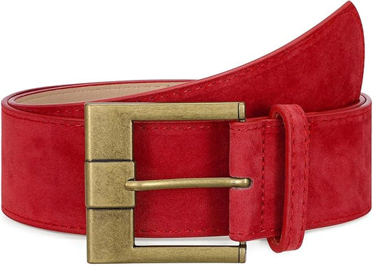 Women Wide Leather Belts for Dresses 1.9" Chunky Western Vintage Thick Suede Waist Belt with Brass Buckle