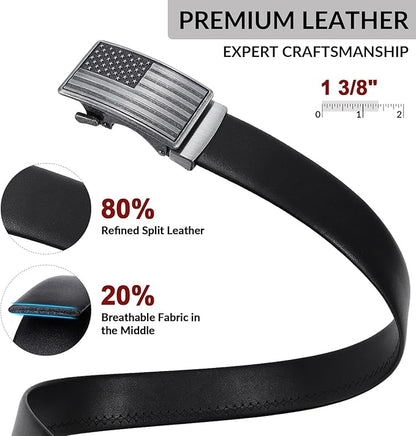 SANSTHS Mens Ratchet Belts Leather 1 3/8" for Men Dress and Casual, Adjustable Click Belts with American Flag Buckles