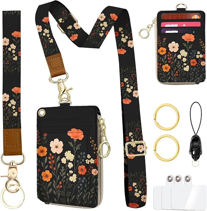Floral Lanyard Wallet with ID Holder, PU ID Badge Holder with Lanyard, Zipper ID Case Card Holder for Women,RFID Adjustable Neck Lanyard Wrist Strap with Keychain for Teacher Work Office Gift