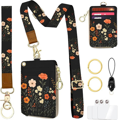 Floral Lanyard Wallet with ID Holder, PU ID Badge Holder with Lanyard, Zipper ID Case Card Holder for Women,RFID Adjustable Neck Lanyard Wrist Strap with Keychain for Teacher Work Office Gift