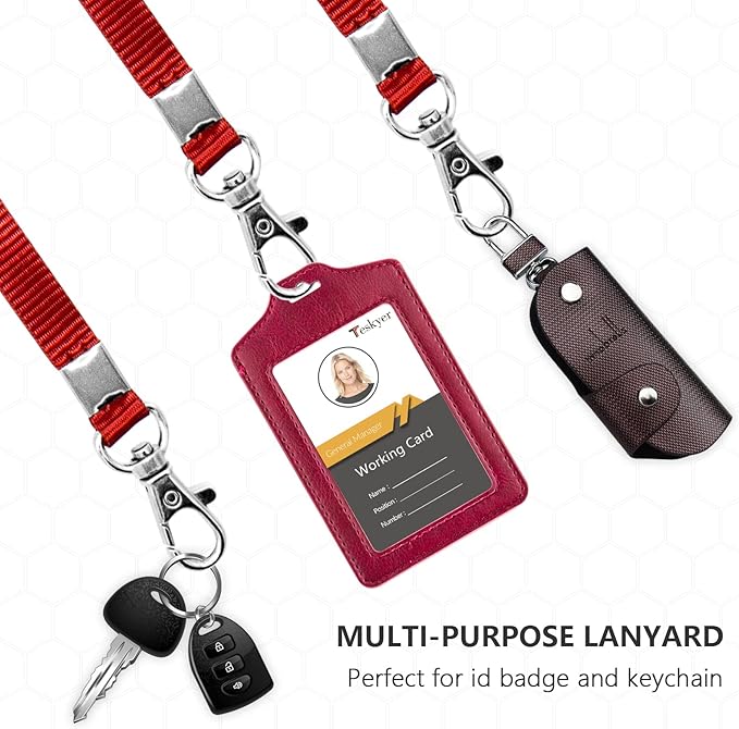 Teskyer 2 Pack Double Sided Clear Badge Holder with Lanyard, PU Leather ID Badge Name Card Holder with Stainless Steel J-Hook Nylon Lanyard for Work, School, Metro, Access, Wine Red