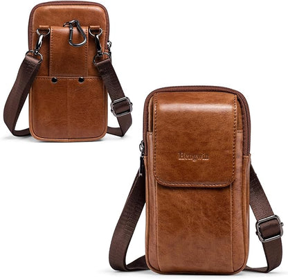 Hengwin Genuine Leather Cell Phone Holster Wallet Case with Belt Clip Travel Messenger Bag Waist Pouch Crossbody Purse Fit for iPhone 17 Pro Max 16 Pro Max 15 Pro Max Samsung Galaxy S25 Ultra (Brown)