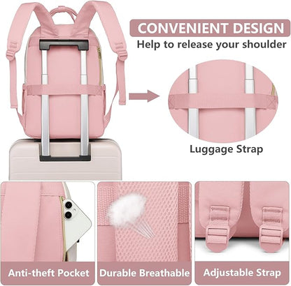Laptop Backpack for Women Work Bag - 15.6 inch Travel Backpack Purse with USB Charger College Bookbag Waterproof Cute Casual Daypack Fashion Business Computer Backpacks for Teacher Nurse Pink Beige