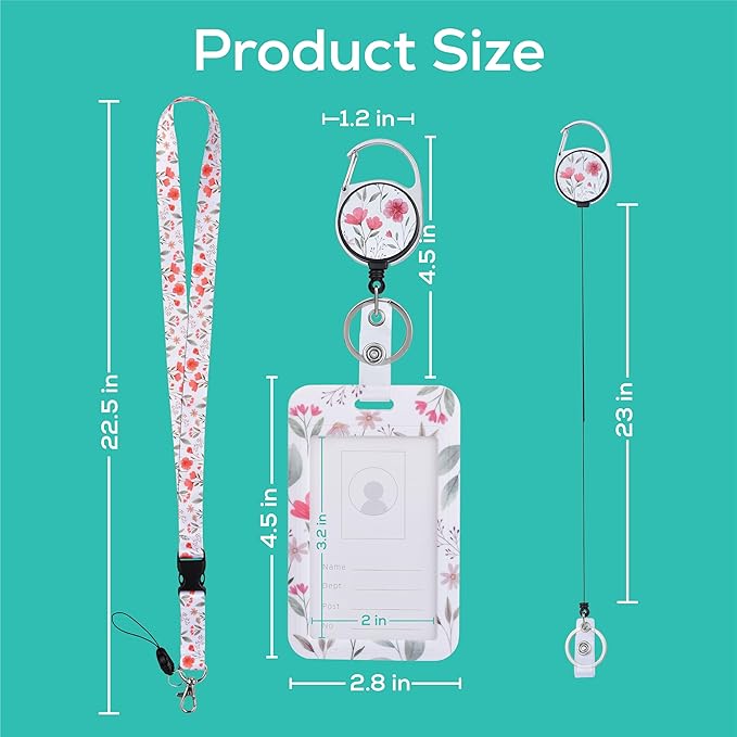 Will Well ID Badge Holder with Retractable Lanyard, Retractable Badge Reel Nylon Lanyard and Vertical ID Card Holder with 1 Card Slot Key Chain for Men & Women - Floral Design