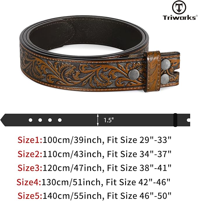 TRIWORKS Western Belt Strap for Men without Buckle 1.5" Wide Floral Engraved Embossed Leather Belt Strap