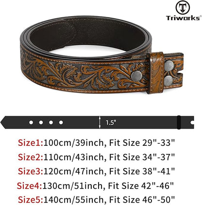 TRIWORKS Western Belt Strap for Men without Buckle 1.5" Wide Floral Engraved Embossed Leather Belt Strap
