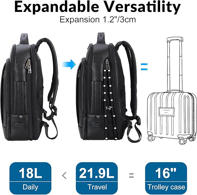 TIDING Men's Leather Business Backpack Fits 15.6 Inch Laptop, Expandable Office Work Casual Daypack with USB Charging Port