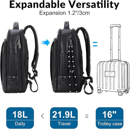 TIDING Men's Leather Business Backpack Fits 15.6 Inch Laptop, Expandable Office Work Casual Daypack with USB Charging Port