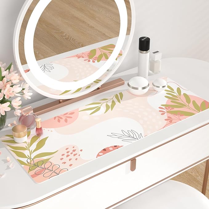 QiyI Large Mouse Pad, Cute Desk Mat for Desktop, Women Girls Minimalist Pink Office Desk Accessories, PU Leather Waterproof Gaming Mousepad, Tropical Leaves Desk Pad Computer Mat, 31.5" x 11.8"