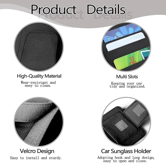 2Pcs Car Sun Visor Organizer, Slim Leather Sunglass Holder for Car, Auto Document Holder for Card, Sunglasses, Insurance, Registration, Pen, Receipt (Black)