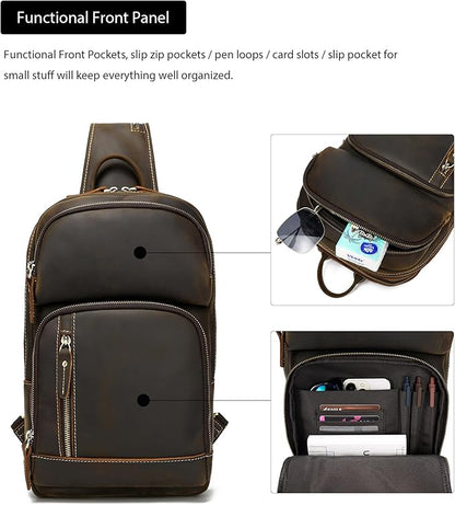 LANNSYNE Full Grain Leather Sling Bag For Men, Crossbody Bag fits 12.9" iPad Crossbody Chest Daypack