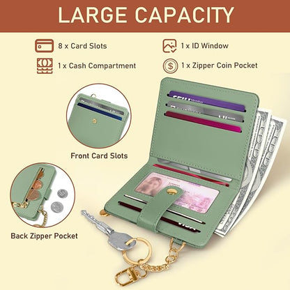 Jogjam Green Rfid Ladies Wallet, Small Slim Thin Compact Credit Card Women Wallet, PU Leather Bifold Cash Zipper Coin Pocket ID Window for Female