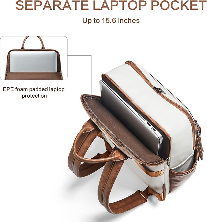 Leather Laptop Backpack for Women,Leather Backpack with Laptop Compartment Fit 15.6 inch Laptops,Carry-on Travel Backpacks,Casual Daypack for Work Business Weekender College,Beige