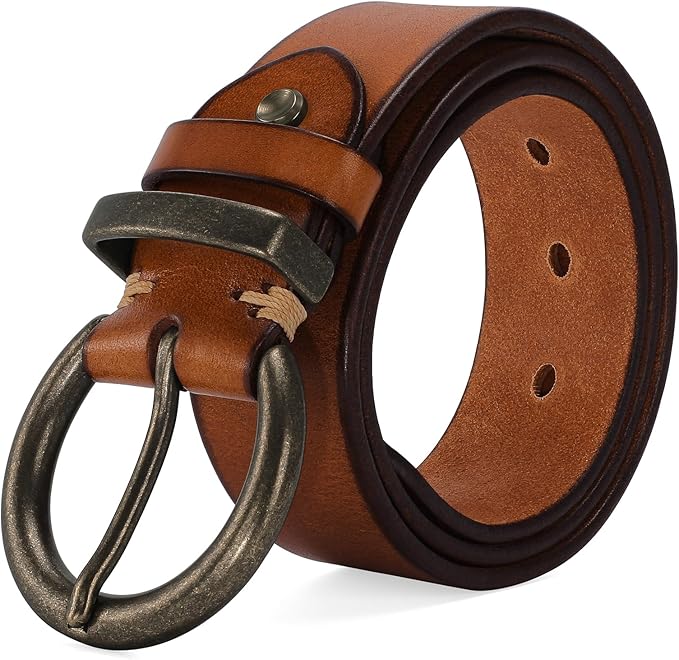Women's 1.5 inch Leather Belt with Large Brass Buckle - Trendy Vintage Style for Jeans and Pants
