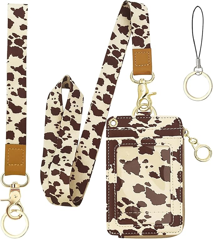 bolimoss Cow Print Lanyards for ID Badges and Keys,2-in-1 Cute ID Badge Holder & Lanyard Wallet,PU Leather Wallet Lanyard Card Name Tag Protector for Nurses, Doctors, Teachers, Students (Brown)