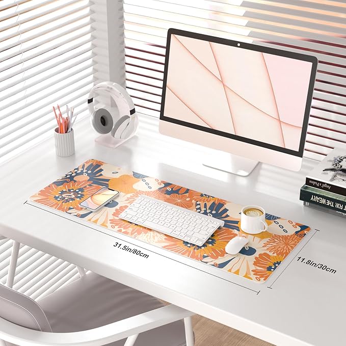 QiyI Large Desk Pad, Floral Mouse Pad Desktop Decor, Waterproof PU Leather Desk Cover Protector, Desk Accessories for Office Home Work Writing Gaming 31.5" x 11.8" - Orange Blue Flowers