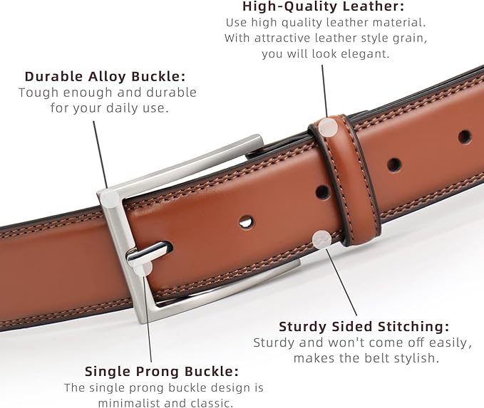 Mens Genuine Leather Dress Belt Classic Casual Belt with Single Prong Buckle for Jeans Pants Work and Business