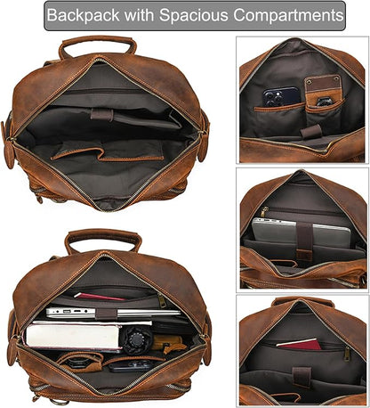 LUUFAN Full-grain Leather Laptop Backpack for Men Large Capacity Crazy Horse Leather Daypack Business Travel Outdoor Shoulder Bag, Brown