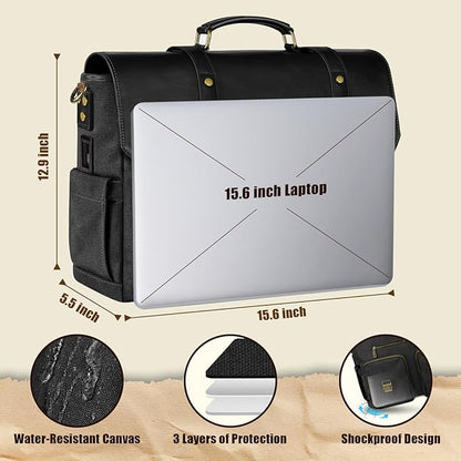 MATEIN Vintage Messenger Bag for Women, 15.6 Inch Laptop Bag Large Canvas PU Leather Briefcase with USB Port, Water Resistant Computer Shoulder Satchel Crossbody for Work Commuting, Grey-Black