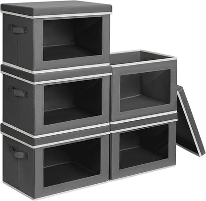 Homsorout Stackable Storage Bins with Lids - Medium Storage Box with Lids, Foldable Closet Boxes for Organizing, Wardrobe Clothes Organizer with Window, Cubes Bins for Living Room, 5 Pack, Dark Grey