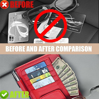 Augeny 2 PCS Car Sun Visor Organizer, Small Auto Visor Organizer and Storage, Registration and Document Holder for Sunglasses, Card, Pen, Driver License, Car Accessories (Red)