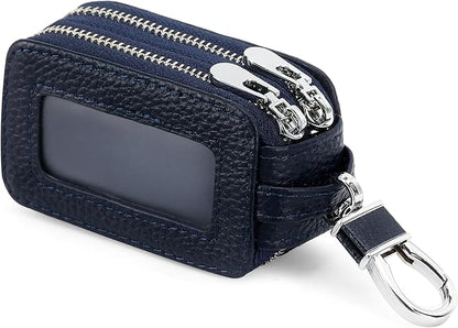 SENDEFN Car Key Fob Case Double Zipper Leather Smart Remote Keychain Protector Holder with Transparent Window