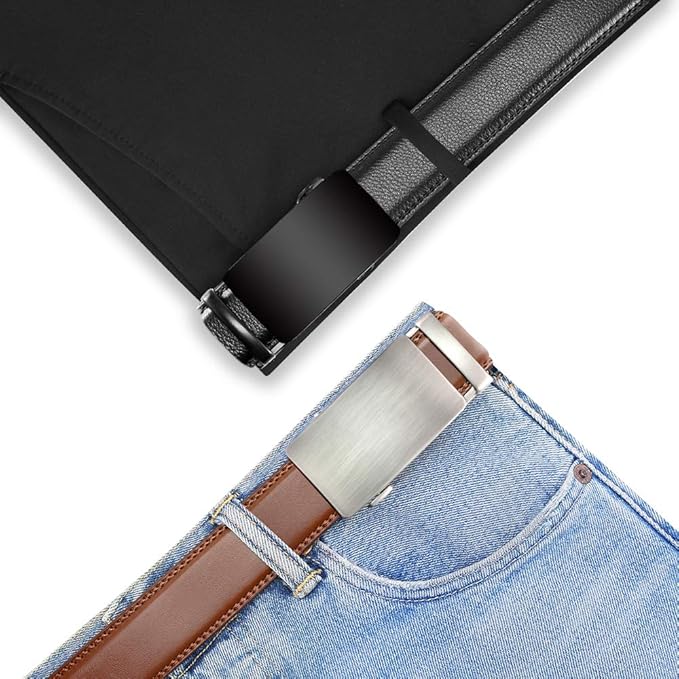 DOOPAI Men's 2 Pack Ratchet Dress Belt - Adjustable 1 3/8" Genuine Leather, Size Length Can Be Cut, With Gift Box