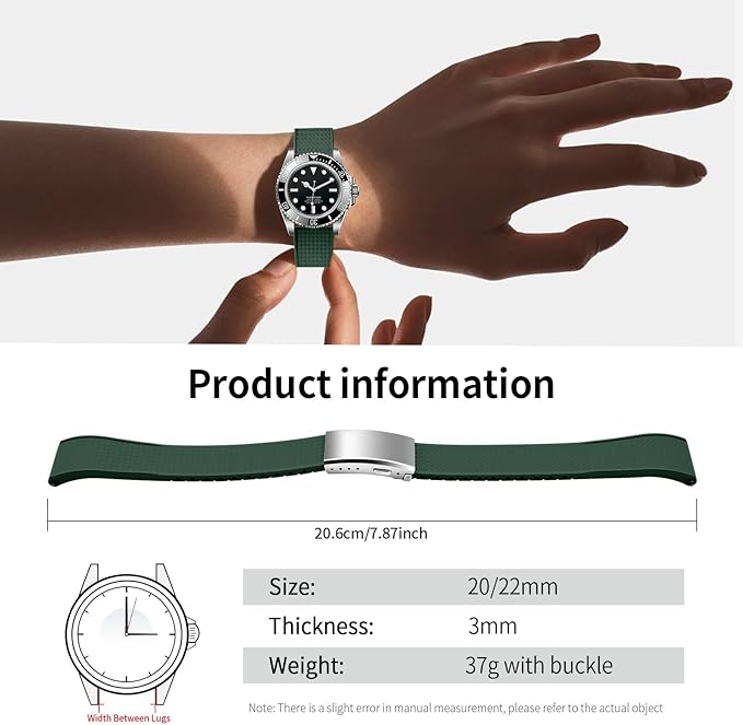 ULLCHRO FKM Rubber Watch Strap, Cut to Size Quick Release Fluororubber Watch Band Soft Replacement Watchband with Silver Milled Clasp for Men Women 18mm 19mm 20mm 21mm 22mm