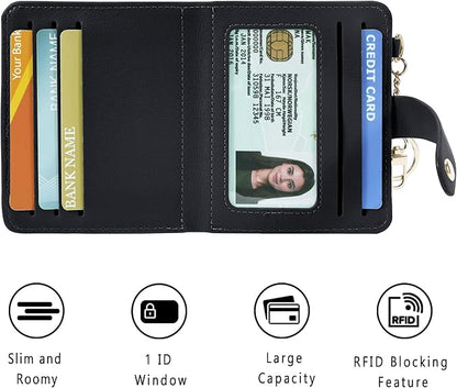 Airkit Small Wallets Woman RFID Blocking Leather Credit Card Holder - with ID Window - Card Wallets for Women - with Zipper Coin Purse - Keychain Wallet