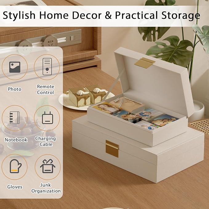 Decorative Storage Boxes Set of 2 - Multi-Purpose Beautiful PU Leather Organizer Bins for Your Home Decor - Decorative Containers with Lids Store Photos, Documents, Memory Box Keepsakes (Beige)